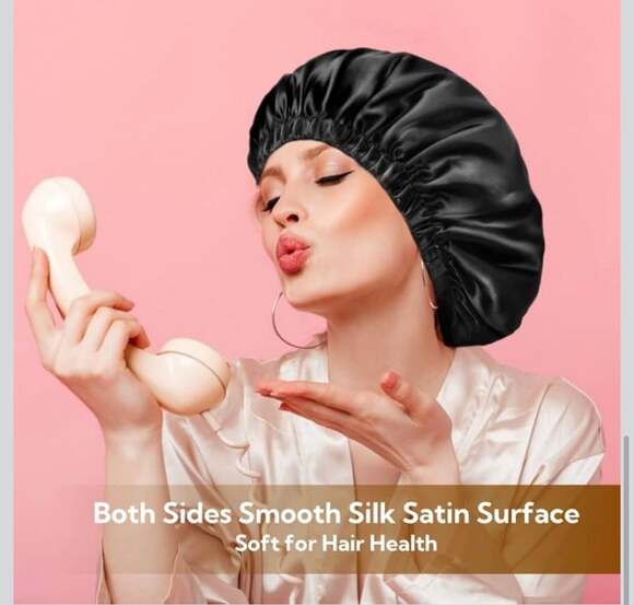 Silk Satin Sleep Bonnet - Black Night Cap for Hair‎ Protection - Picture 5 of 9